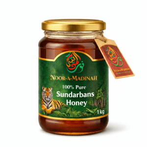 100% Pure Sundarbans Honey 1kg glass jar with green label and golden lid.