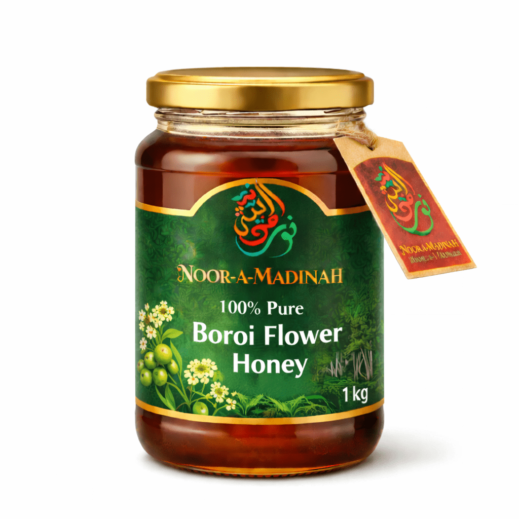 100% Pure Boroi Flower Honey 1kg glass jar with green label and golden lid.