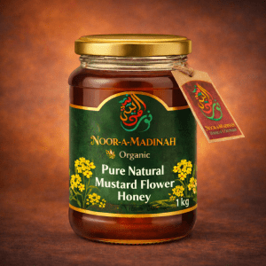 Pure Natural Mustard Flower Honey 1kg glass jar with green label and golden lid.