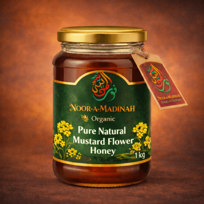 Pure Natural Mustard Flower Honey 1kg glass jar with green label and golden lid.